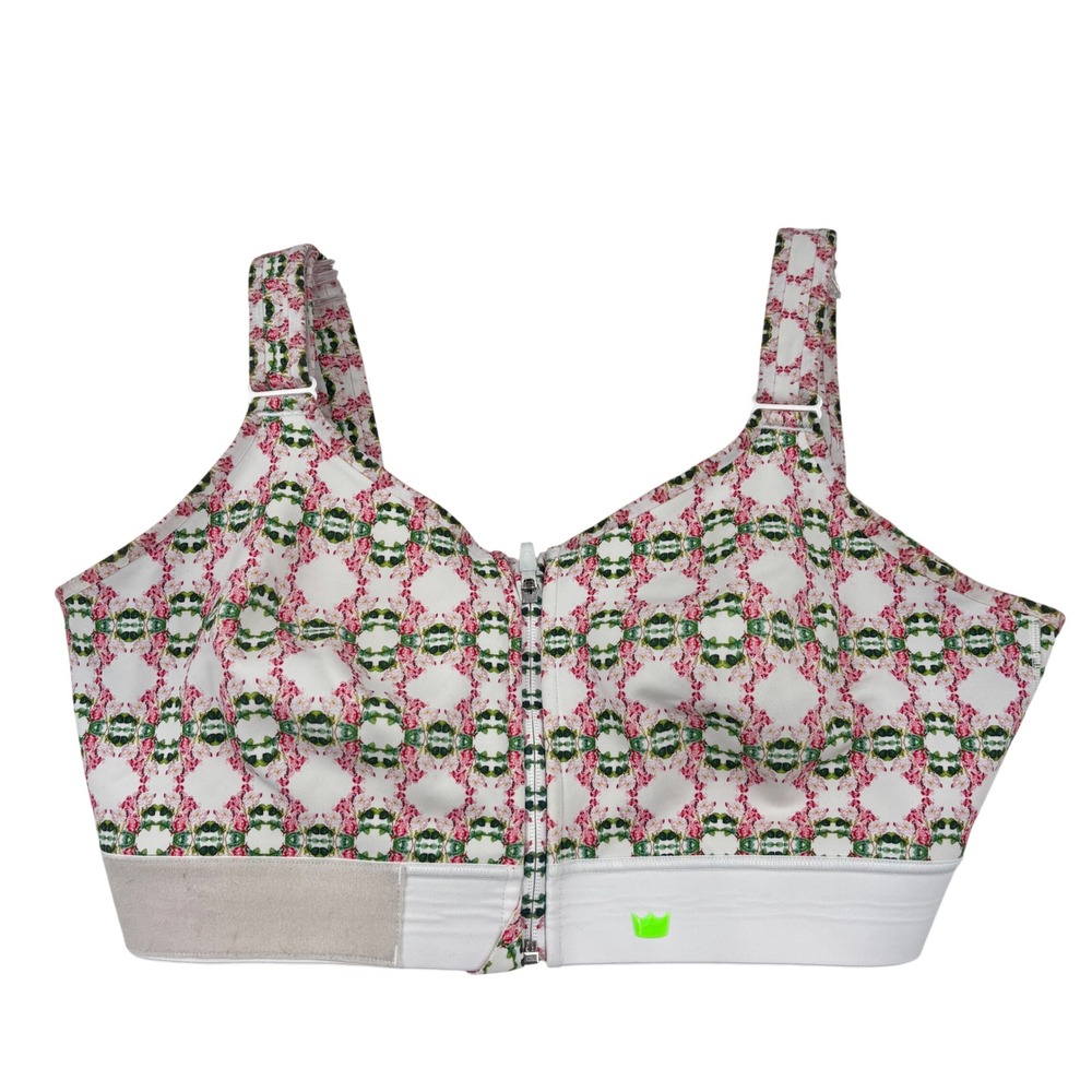 SHEFIT Ultimate Sports Bra Size 5 Luxe White Pink Floral High Impact Front Zip